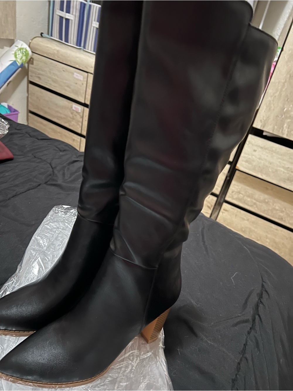 Tall Black Leather-Look Women's Boots with Block Heel